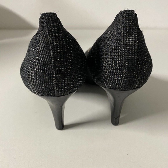 Tory Burch Pump Caroline Tweed Black Gold Round Toe Logo 9 M 3" Heel - Picture 6 of 11